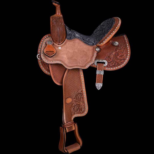 Our Need for Speed saddle is just that!  This pretty saddle is ideal for Barrel racing or any other speed events.   With beautiful hand tooled leather and a roughout seat jockey to keep you well seated.  This saddle comes with your choice of seat color an